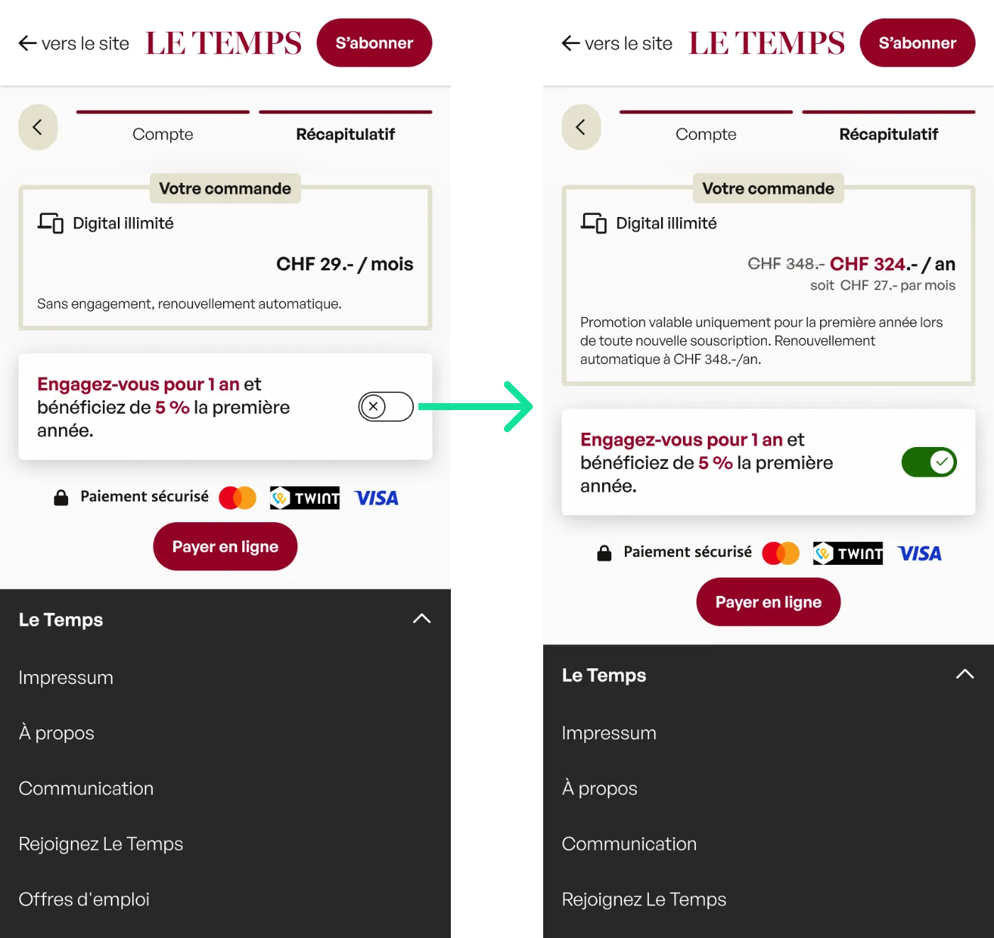 Checkout summary with optional 1-year commitment and 5% discount